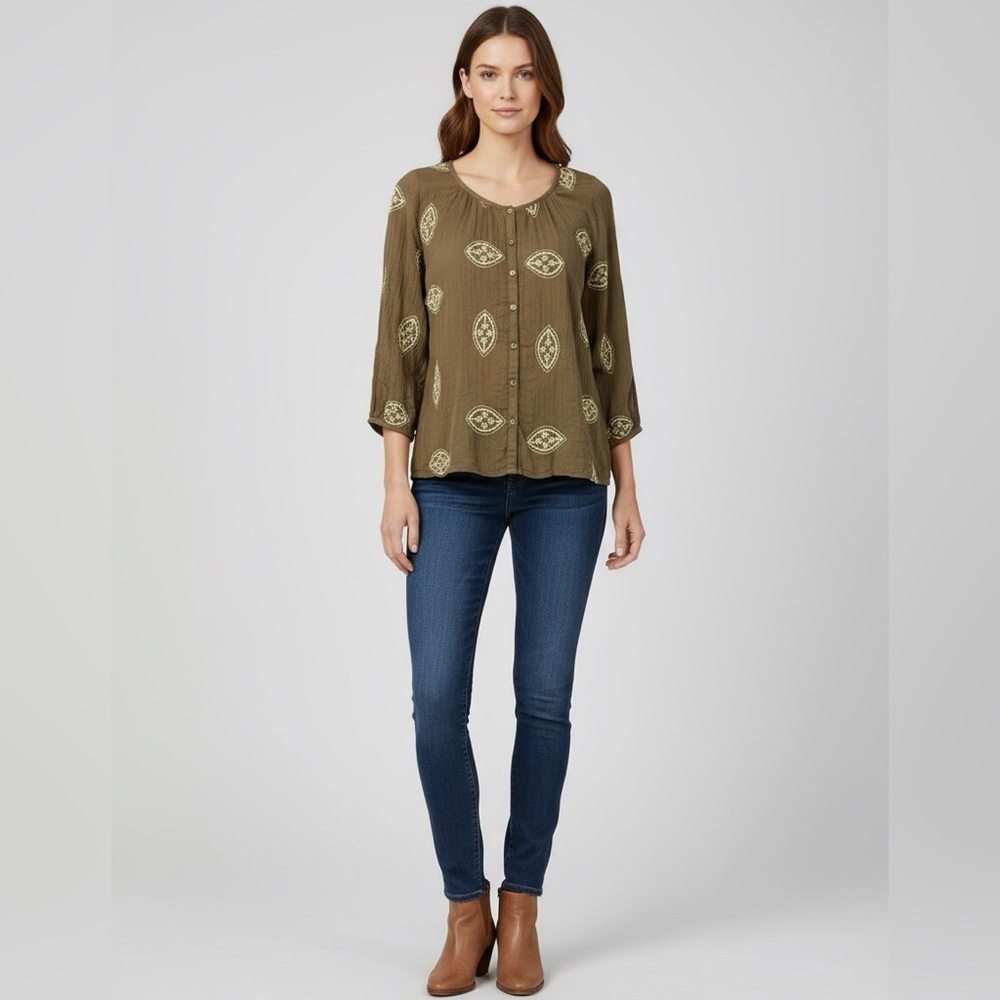 Boden | Embroidered Floral Peasant Top | Crinkle Cotton |Olive Green | 4R